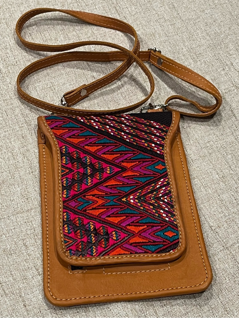 Tan Leather Embroidered Multicolor Crossbody Bag